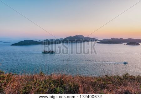 Aberdeen Typhoon Shelters View At Yuk Kwai Shan (mount Johnston) In Sunset Time