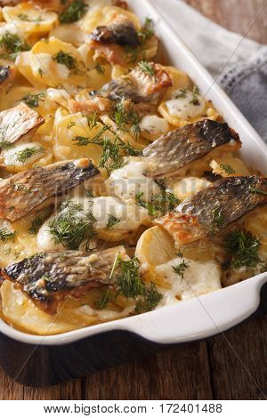 Finnish Food: Casserole With Potatoes And Herring Close Up In Baking Dish. Vertical