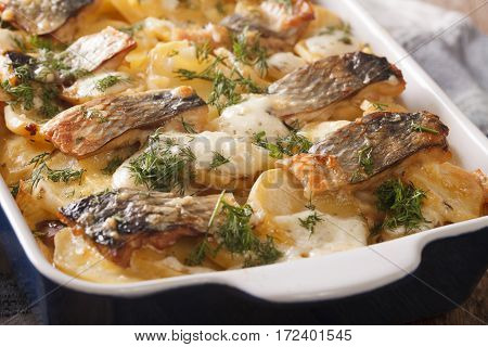 Finnish Food: Casserole With Potatoes And Herring Close Up In Baking Dish. Horizontal