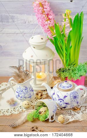 Spring floral still life with hyacinth. Blue teapot, cup, moss. Lantern, feathers and quail eggs on wooden background