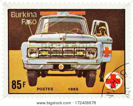 MOSCOW RUSSIA - February 18 2017: A stamp printed in Burkina Faso (Upper Volta) shows ambulance car series 