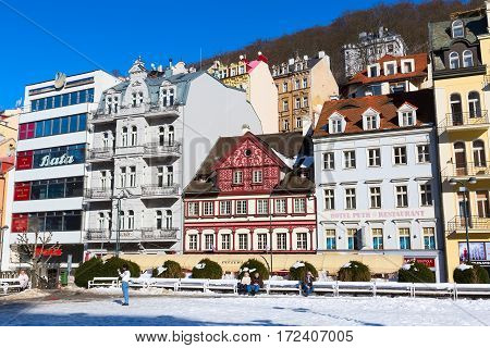 Karlovy Vary, Czekh Republic - February 15, 2017: Street view in the center of famous spa town