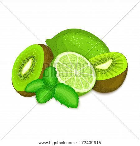 Composition of kiwi, lime and mint leaves. Ripe vector kiwifruits and green lemon with fresh pepper mint leaf appetizing looking. Tropical fruits for design packaging of juice breakfast, healthy food.