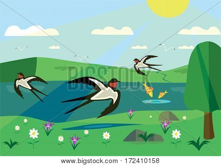 Sunny day with flowers and swallows, blue sky and sun