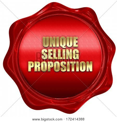 unique selling proposition, 3D rendering, red wax stamp with tex