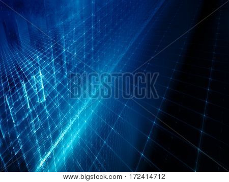 Abstract background element. Three-dimensional composition of glowing grids and wave shapes. Science and technology concept. Blue and black colors.