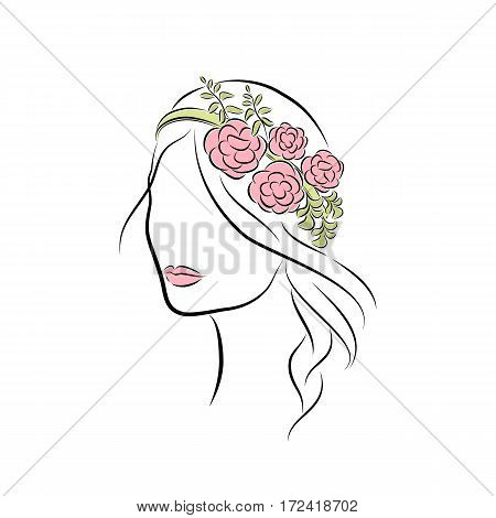Close up portrait. Beautiful young girl with a flower headband. Bright lips painted on her face. Vector fashion sketch in hand drawing style for your design. EPS10 format.