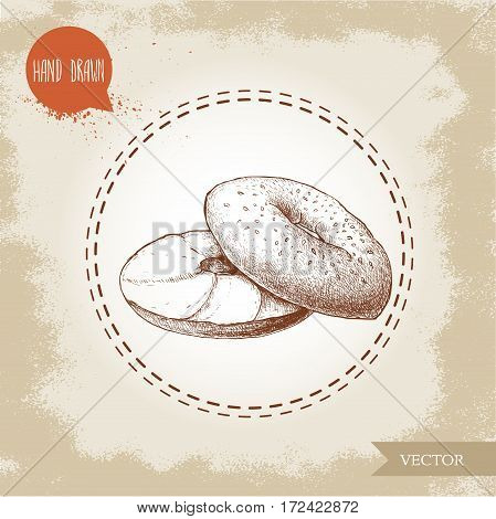 Hand drawn sketch style sesame bagel with cream cheese. Daily fresh bakery illustration. Vintage drawing of fresh breakfast.