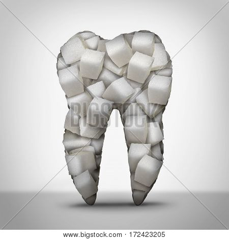 Teeth sugar dentist symbol and dentistry concept as a molar tooth made of cubes of refined white candy sweetness as an oral care problem of decay and cavity danger with 3D illustration elements.