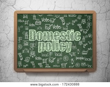 Political concept: Chalk Green text Domestic Policy on School board background with  Hand Drawn Politics Icons, 3D Rendering