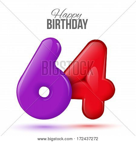 sixty four birthday greeting card template with 3d shiny number sixty four balloon on white background. Birthday party greeting, invitation card, banner with number 64 shaped balloon