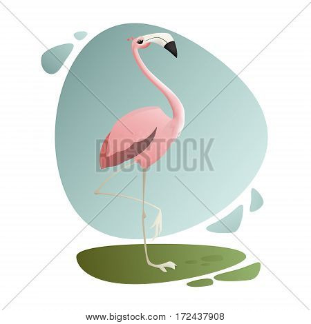 Vector illustration of pink flamingo staying on one leg looking straight. Beautiful exotic bird illustration