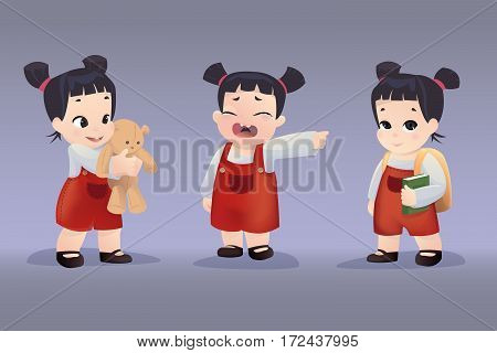 Girl holding teddy bear. Crying baby girl. Nice school girl with books isolated on purple