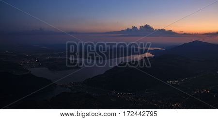 Lake Vierwaldstattersee Lucerne and mount Rigi at dawn. View from mount Stanserhorn.