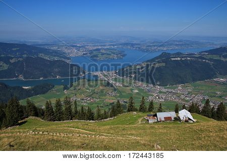 Distant view of lake Vierwaldstattersee and Lucerne. View from Stanserhorn.