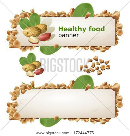 Set of decorative horizontal banners with peanut and ground nuts. Vector illustration in a realistic style.