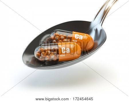 Pills with calcio calcium CA element in the spoon. Dietary supplements. Vitamin capsules. 3d illustration