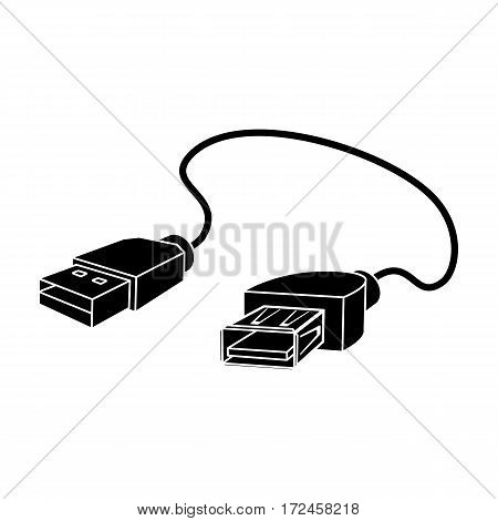 USB cable icon in black design isolated on white background. Personal computer accessories symbol stock vector illustration.
