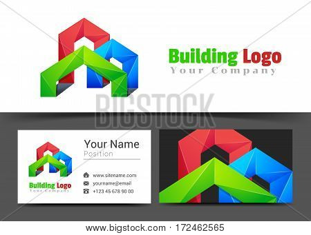 Real Estate Building Corporate Logo and Business Card Sign Template. Creative Design with Colorful Logotype Visual Identity Composition Made of Multicolored Element. Vector Illustration.
