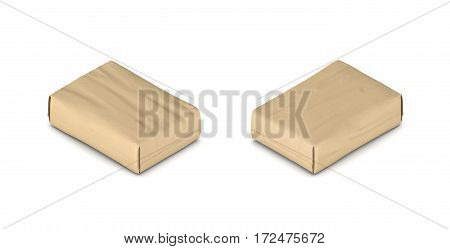 3d rendering of a full closed paper cement bag in double-sided isometric view. Construction supplies. Building. Cement and concrete.