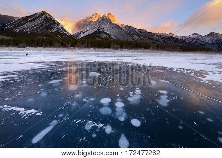 Abraham Lake In Winter Sunrise Kootenay Plains Alberta