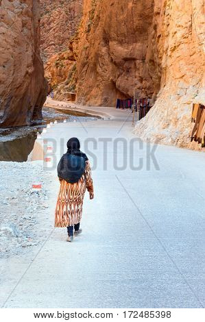 Moroccan Woman Goes To Todgha Gorge In Morocco