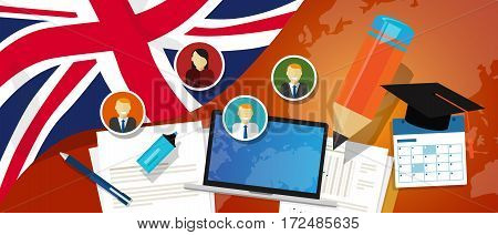 UK United Kingdom England Britain education school university concept with icon laptop paper pencil cap student vector
