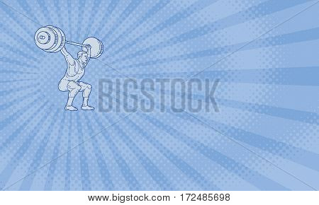 Business card showing Mono line style illustration of a weightlifter lifting barbell weights with both hands set .