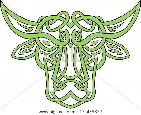 Illustration of stylized taurus the bull made in Celtic knot called Icovellavna plait work or knotwork woven into unbroken cord design set on isolated white background.