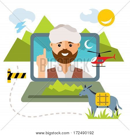 Afghan from the laptop pointing up his finger. Isolated on a white background