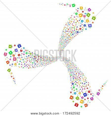 First Aid Kit fireworks swirl rotation. Vector illustration style is flat bright multicolored iconic symbols on a white background. Object whirl combined from random symbols.