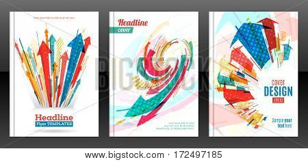 Abstract arrows vector brochure template. Flyer with arrows stripes motion and dynamics. Cover layout with flat style. Modern design for poster and banner. Annual report design templates. Vector eps