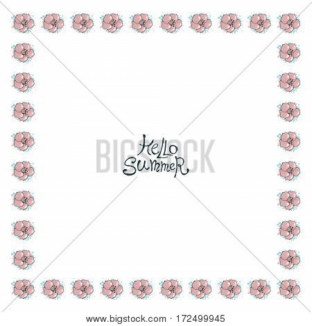 Vector floral frame with small pink flowers. Nature square hand drawn border on white background.