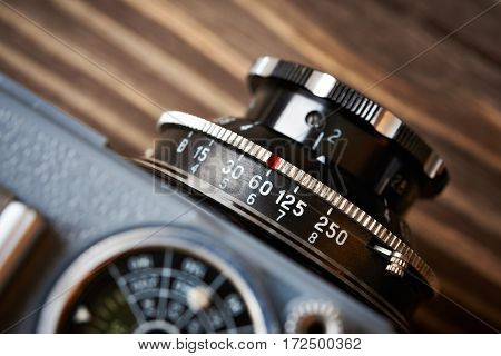 The retro photo camera lens a closeup