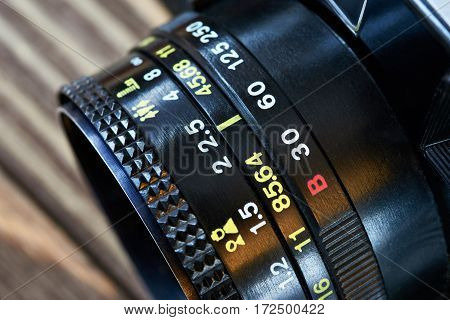 The retro photo camera with lens closeup