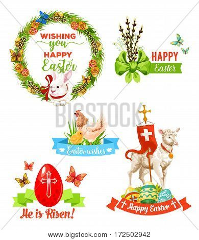 Easter holiday wishes emblem set. Easter egg with cross, rabbit bunny framed by floral wreath, chicken with chick, spring flowers with bow, lamb of God cartoon symbols with best wishes ribbon banner