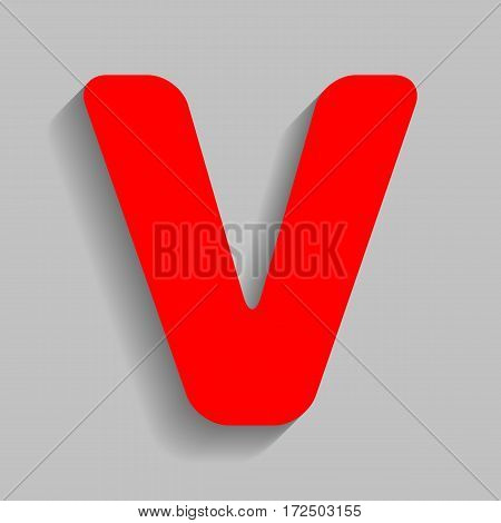 Letter V sign design template element. Vector. Red icon with soft shadow on gray background.