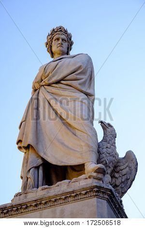 FLORENCE, ITALY. OCTOBER 12. Generic view of statue of Dante Alighieri in Santa Croce square on October 12, 2016 in Florence, Italy.