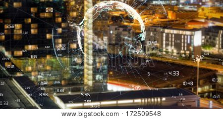 Image of earth with different times against illuminated beautiful buildings in city