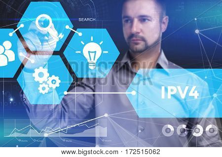 Business, Technology, Internet And Network Concept. Young Businessman Shows The Word On The Virtual