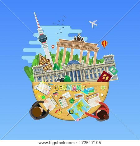 Concept of travel to Germany or studying German. German flag with landmarks in the office. Flat design, vector illustration