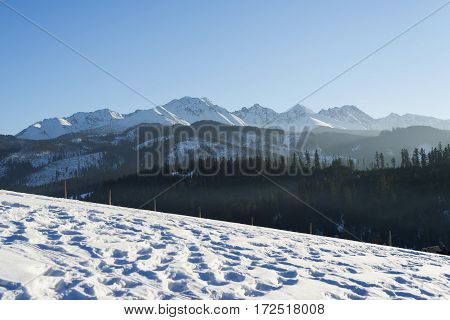 Winter mountains covered with snow view from a big meadow in Tatry mountains in Poland