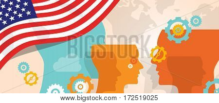 USA United States of America concept of thinking growing innovation discuss country future brain storming under different view represented with heads gears and flag vector