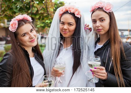 Group Happines Women With Champagne At Hen Party
