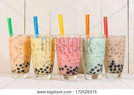 Boba / Bubble Tea. Homemade Various Milk Tea With Pearls On Wooden Table.