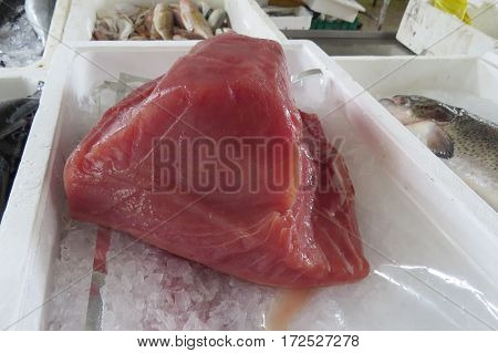 Tuna fish fillet on the fish market in Bar-city, Montenegro.