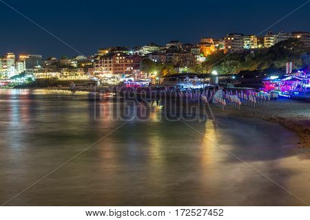 Twinlight view of beach and new part of Sozopol, Burgas Region, Bulgaria
