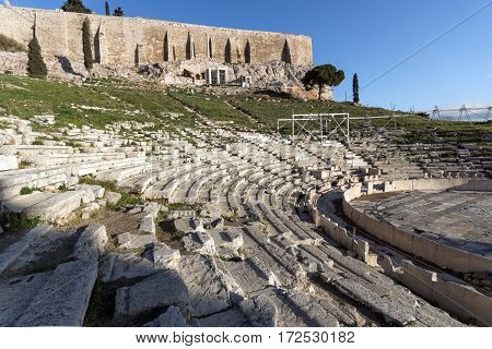 Ruins of the Theatre of Dionysus in Acropolis of Athens, Attica, Greece