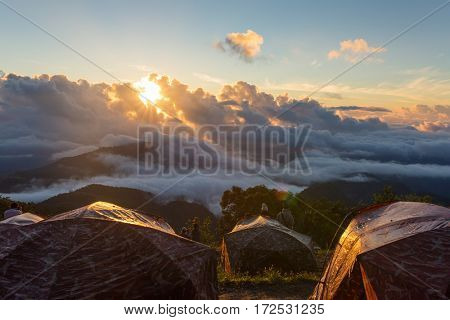 Sunrise at Doi Ang Khang in Chiang Mai, Thailand. View from the camping