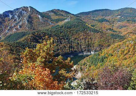 Autumn Panoramic view of Tsankov kamak Reservoir, Smolyan Region, Bulgaria